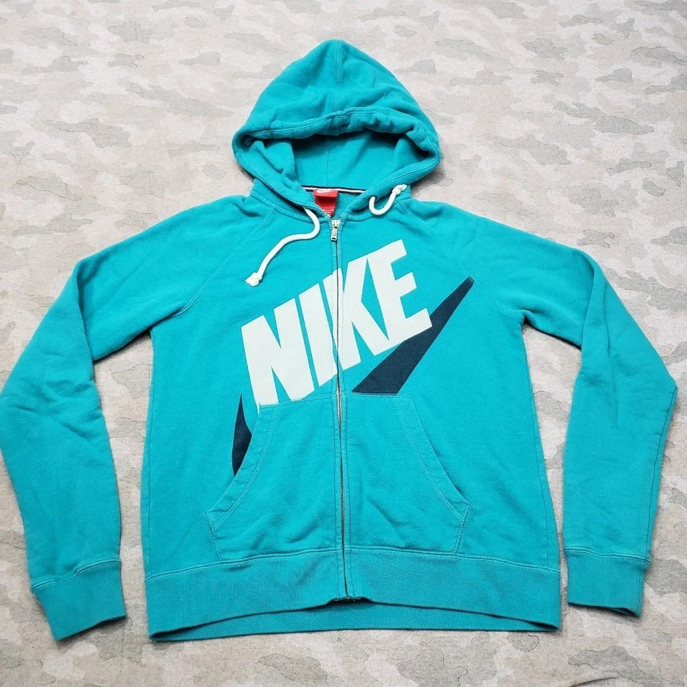 Nike Sweatshirt Womens Medium Green Full Zip Hooded Spell Out Fleece